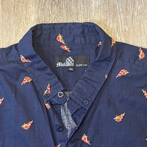 Molokai Surf Co. Pizza Slice Print Button Down Shirt - Navy Blue - Men's 2XL - Picture 2 of 5